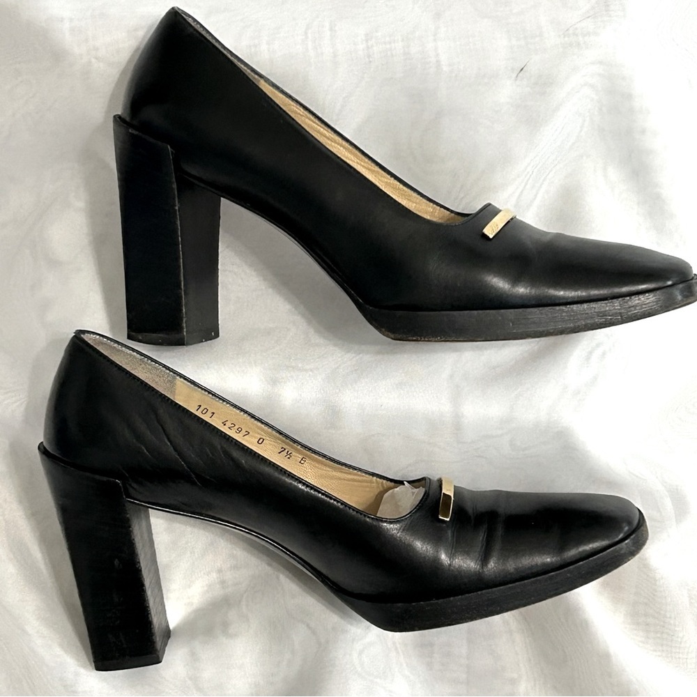Vintage Gucci Black Leather 4” Block Heel Shoes Size 7.5 B Italy